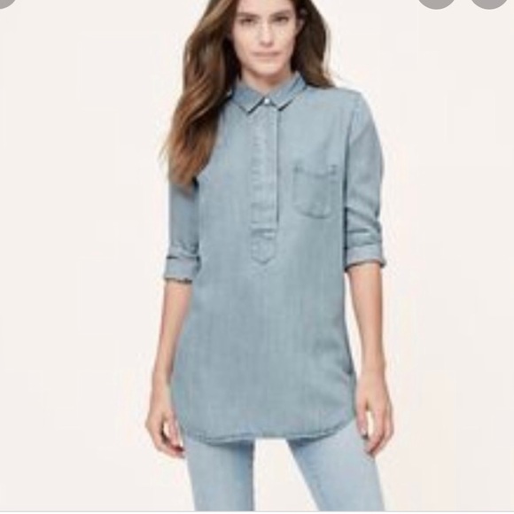 Ann Taylor Loft Blue Soft Denim Tunic front buttons With Collar Small - Picture 2 of 10